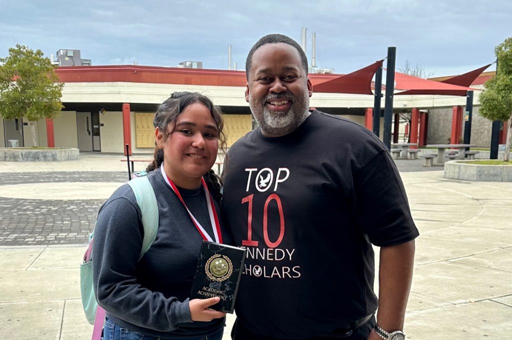 More than 50 Kennedy High School students were honored at their Principal's Top 10 Luncheon on Friday, March 10, for maintaining a cumulative grade point average of 3.75 or above. Kennedy administrators set a goal to honor ten students from each grade level who maintained a 4.0 GPA and above(Seniors), a 3.9 GPA and above(Juniors), and a 3.75 GPA and above(underclassmen). This year, 58 students were recognized. During the luncheon, students and their families had lunch and casual conversations with the principal and guests in an informal setting. Students also received encouraging words from district and community leaders, including Superintendent Chris Hurst, Board Clerk Jamela Smith-Folds, Board Trustee Otheree Christian, Richmond Council Member Gayle McLaughlin, and Pastor Dale Weatherspoon of Easter Hill Methodist Church in Richmond.