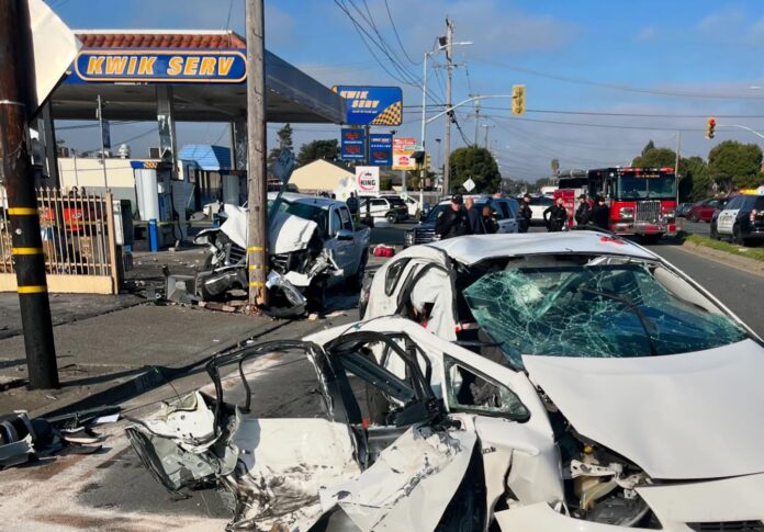 Three injured in two-car crash on Carlson Blvd.